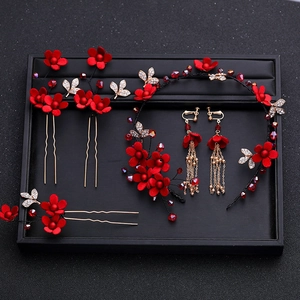 Set Accessori Capelli Sposa Fiore Tessuto Rosso Lega Oro Strass Perla Artificiale Nappa Fascia Orecchini per Matrimonio Festa