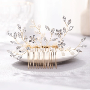 Détails du peigne à cheveux mariée doré fait main avec perles et cristaux feuilles