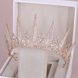 Luxurious gold crystal bridal crown with sparkling rhinestones in white jewelry gift box