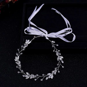 Bandeau de mariée avec feuilles en strass de cristal et rubans de satin blancs