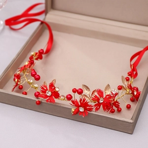 Handmade red flower headband with gold leaves and pearls for bridal or party wear