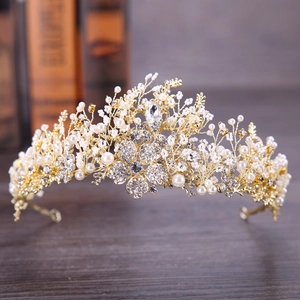 Handmade Gold Silver Bridal Crown Tiara Rhinestone Artificial Pearl Flower Leaf Wedding Hair Accessories For Women Party Headpiece