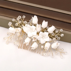 Peigne À Cheveux Mariée Fait Main Avec Cristal Fausse Künstliche Perle Décoration En PVC Aspect Céramique Or Bijoux Tête Femme