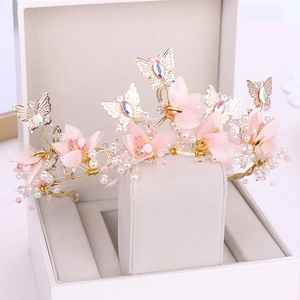 Serre-tête Couronne de Mariée Fleur Papillon en Alliage Strass Rose Pétale de Mousseline Tissé Main Diadème Accessoires Cheveux Mariage