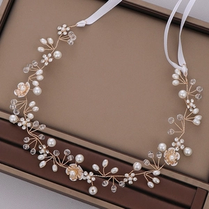 Bridal Flower Artificial Pearl Hair Vine Gold Handmade Woven Headband With Satin Ribbon For Wedding Party Women Hair Accessories