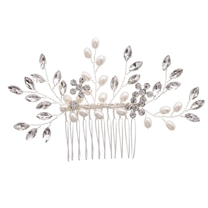 Peigne à cheveux de mariée élégant avec fil d'argent, perles et cristaux brillants