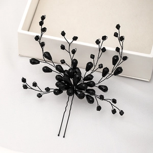 Handmade black beaded U-shaped hair pin with floral crystal clusters for bridal styling