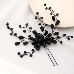 Handmade black crystal bridal hair pin with branch design for elegant wedding hair styling