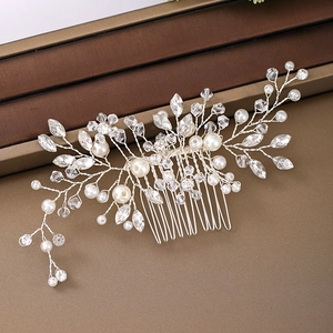 Elegant bridal hair comb with handmade silver wire crystals and white faux pearls