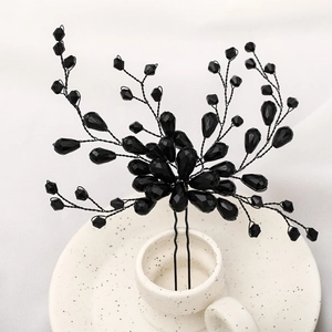 Handmade black beaded bridal U-shaped hair pin with faceted beads for elegant wedding hairstyles
