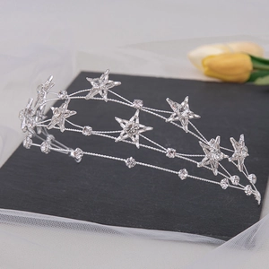 Detailed macro view of a silver tiered star bridal headband with shimmering crystals