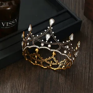 Baroque gold bridal crown with white crystals and rhinestones for wedding headwear