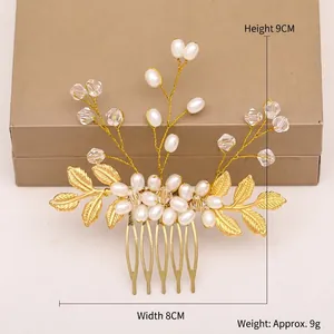 Pettine per capelli sposa fatto a mano con perle e foglie dorate, accessorio di 9x8cm