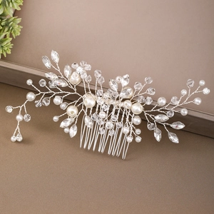 Handmade Silver Bridal Hair Comb With Artificial Pearl Crystal Floral Wedding Hair Accessories For Women Brides Evening Party Jewelry