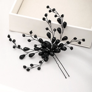 Handmade Black Beaded Hair Stick Vintage Bridal U-Shaped Hair Fork Resin Branch Headpiece For Women Wedding Jewelry