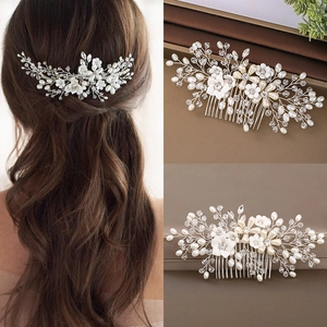 Pettine per Capelli da Sposa Fatto a Mano Con Fiori Bianchi Künstliche Perle Sintetiche Strass Lega Accessori Eleganti per Matrimonio Donna