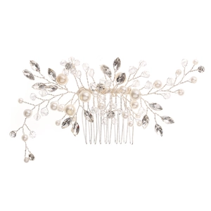 Elegant silver wedding hair comb with white pearls, crystals and rhinestones for brides