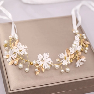 Handmade Bridal Hair Vine Fabric Flower Alloy Leaf Headband With Faux Artificial Pearl Rhinestone For Wedding Party Women Kids Accessories
