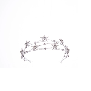 Detailed view of silver bridal headband with layered crystal star accents and rhinestones