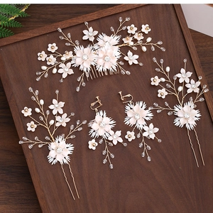 Peigne à Cheveux de Mariée Épingles Boucles d'Oreilles Clips Floral Alliage Résine Perle Artificielle Strass Accessoire Cheveux Mariage