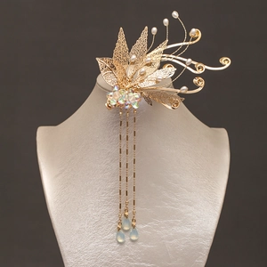 Vintage Chinese Style Hollow Leaf Gold Hair Clip With Tassel Artificial Pearl Water Drop Pendant Hanfu Hair Accessory For Women Party
