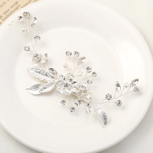 Silver leaf hair clip with rhinestones and pearls for weddings and formal events