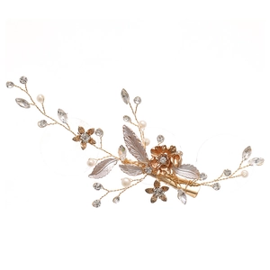 Handmade golden leaf hair clip with champagne flowers, pearls and rhinestones for weddings