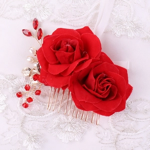 Handmade Red Rose Flower Hair Comb Wedding Bridal Headpiece With Gold Alloy Leaf Rhinestone Faux Artificial Pearl Hair Accessories