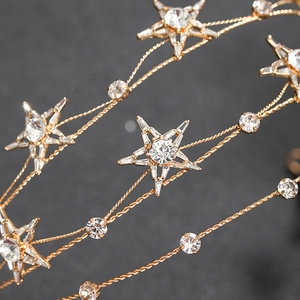 Detailed macro view of the golden star headband showing shiny crystals and alloy chains