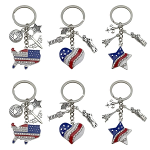 US Independence Day American Flag Star Heart Map Keychain Metal Enamel Rhinestone Bag Charm Patriotic Souvenir Gift