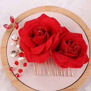 Handmade red rose flower hair comb with gold leaves and pearls for bridal wedding