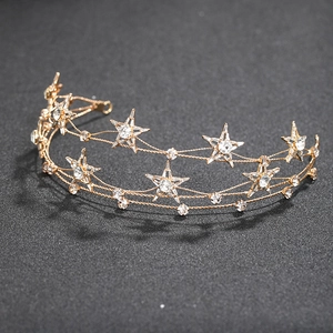 Detailed close-up of a double-layered gold star headband with sparkling crystals