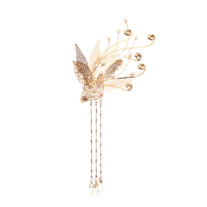 Elegant gold hair clip with hollow leaf design, white pearls, and tassel drops for Hanfu