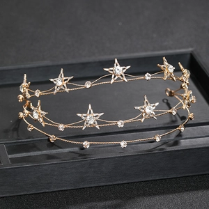 Elegant gold bridal headband with multi-layer stars and sparkling crystal rhinestones