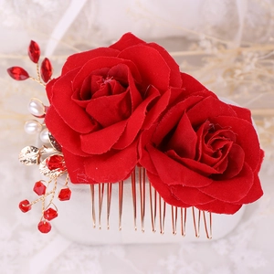 Elegant bridal hair comb with deep red fabric roses, gold leaves and pearls