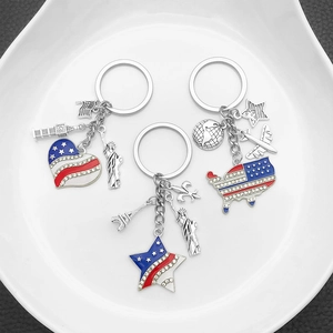 US Patriotic Flag Keychains set with heart star and map charms encrusted with rhinestones