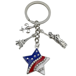 USA Independence Day star keychain with Statue of Liberty and Eiffel Tower charms