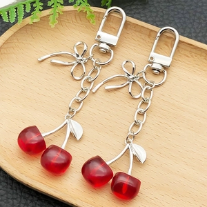 Creative Cherry Bowknot Keychain Cute Zinc Alloy Resin Fruit Bag Charm For Women Girls Fashion Key Ring Gift Decoration
