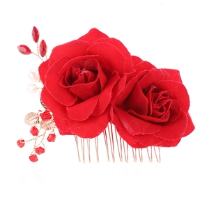 Handmade red rose flower hair comb with gold leaves and white pearls for bridal wedding
