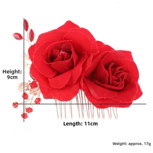 Detailed size view of red fabric rose hair comb featuring 11cm length and 9cm height dimensions