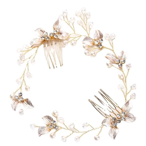 Elegante pettine per capelli da sposa dorato con perle bianche e foglie di strass