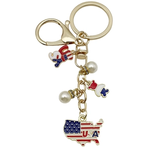 Porte-clés carte USA avec perles et breloque ours aux couleurs du drapeau