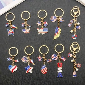 Set of 10 US Independence Day metal keychains with American flag heart and star designs