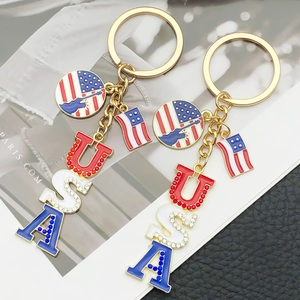Patriotic USA Flag Metal Keychain Independence Day Zinc Alloy Rhinestone Statue Of Liberty Keyring Gift Men Women