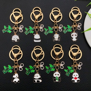 Set of 8 cute cartoon panda and bamboo keychains with gold plating for backpack decor