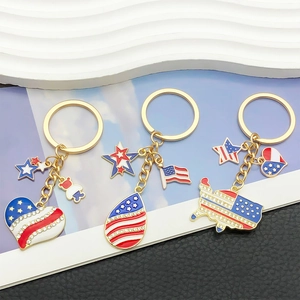 USA flag heart and map shaped metal keychains with blue and red enamel and crystals