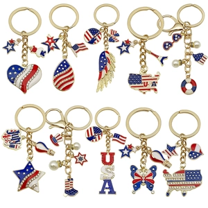 American Flag Keychain Independence Day Metal USA Heart Star Pendant Enamel Rhinestone Artificial Pearl Patriotic Gift