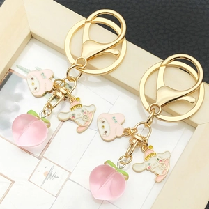 Cute Stereoscopic Fruit Peach Strawberry Keychain For Women Girls Resin Cartoon Character Bag Pendant Accessory Gift