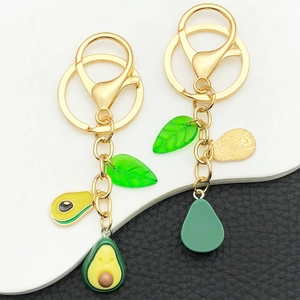 Creative avocado keychain set with green leaves and gold alloy lobster clasps