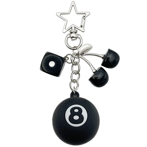 Creative black 8-ball billiard and cherry keychain with star-shaped silver hook